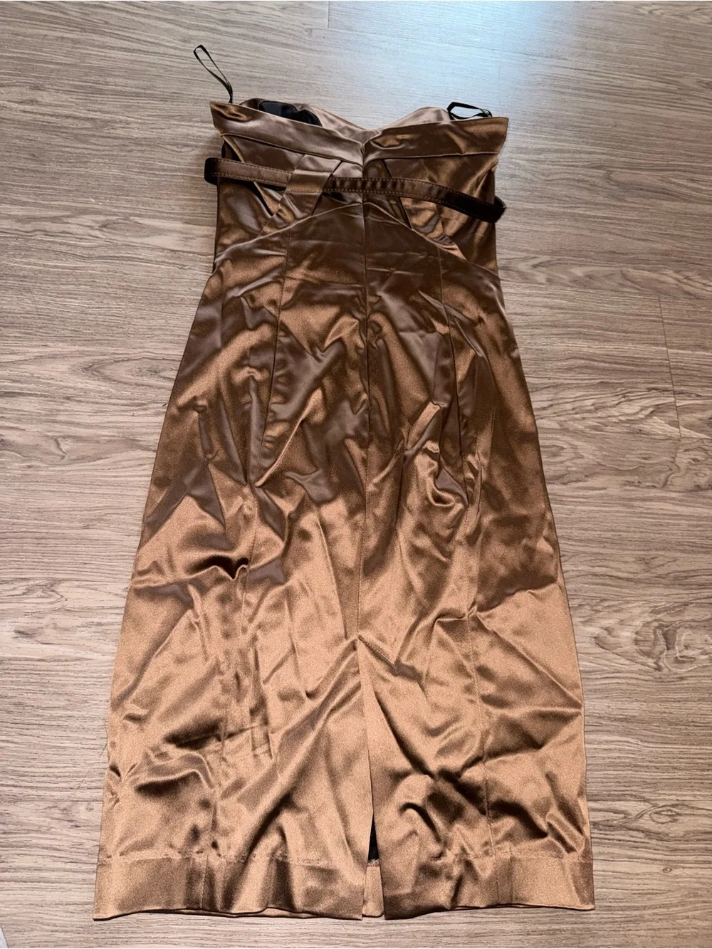 bebe Strapless Satin cocktail Mini Dress in Brown with Belt - Picture 5 of 8